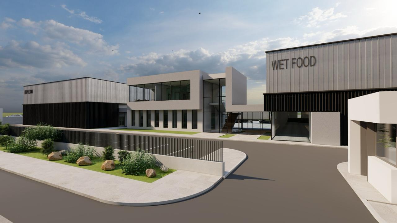 Vue architecturale des façades Dry Food et Wet Food de PET FACTORY